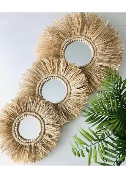 BH Bohem Handmade Dekoratif Rafya Ayna Duvar Süsü: Doğal ve Şık Bohem Tarzı Dekorasyon Ürünü