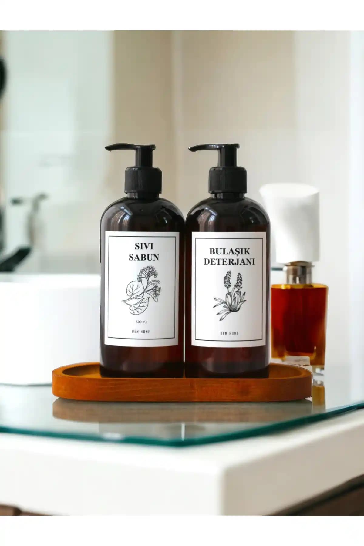 Dem Home Amber Cam Görünümlü Plastik 2'li Mutfak Şişe Seti ve Ahşap Standı