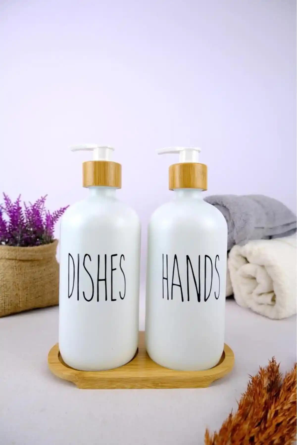 Digithome 2'li Ahşap Standlı Cam Sıvı Sabun ve Deterjan Şişesi Seti