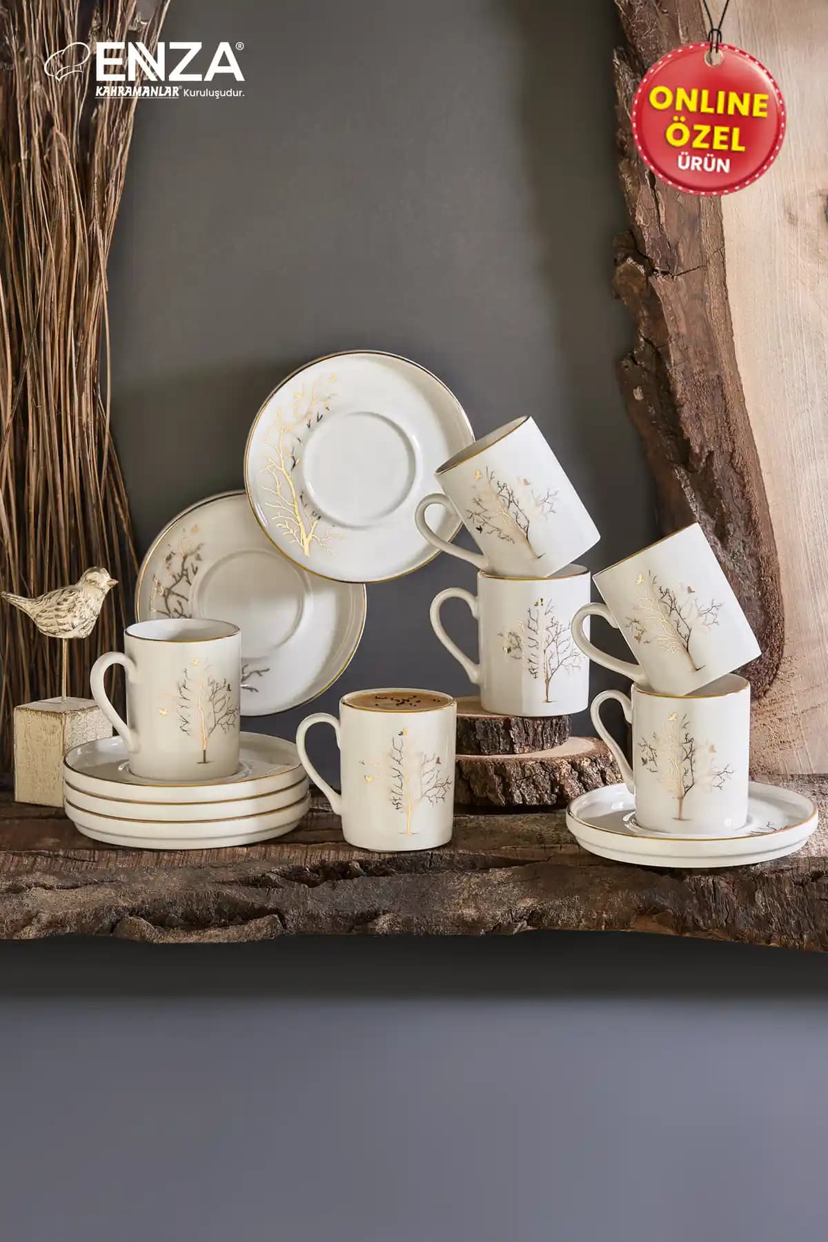 Enza Hayat Ağacı 12 Parça 6'lı Porselen Fincan Takımı ile Şık ve Dayanıklı Sofralar