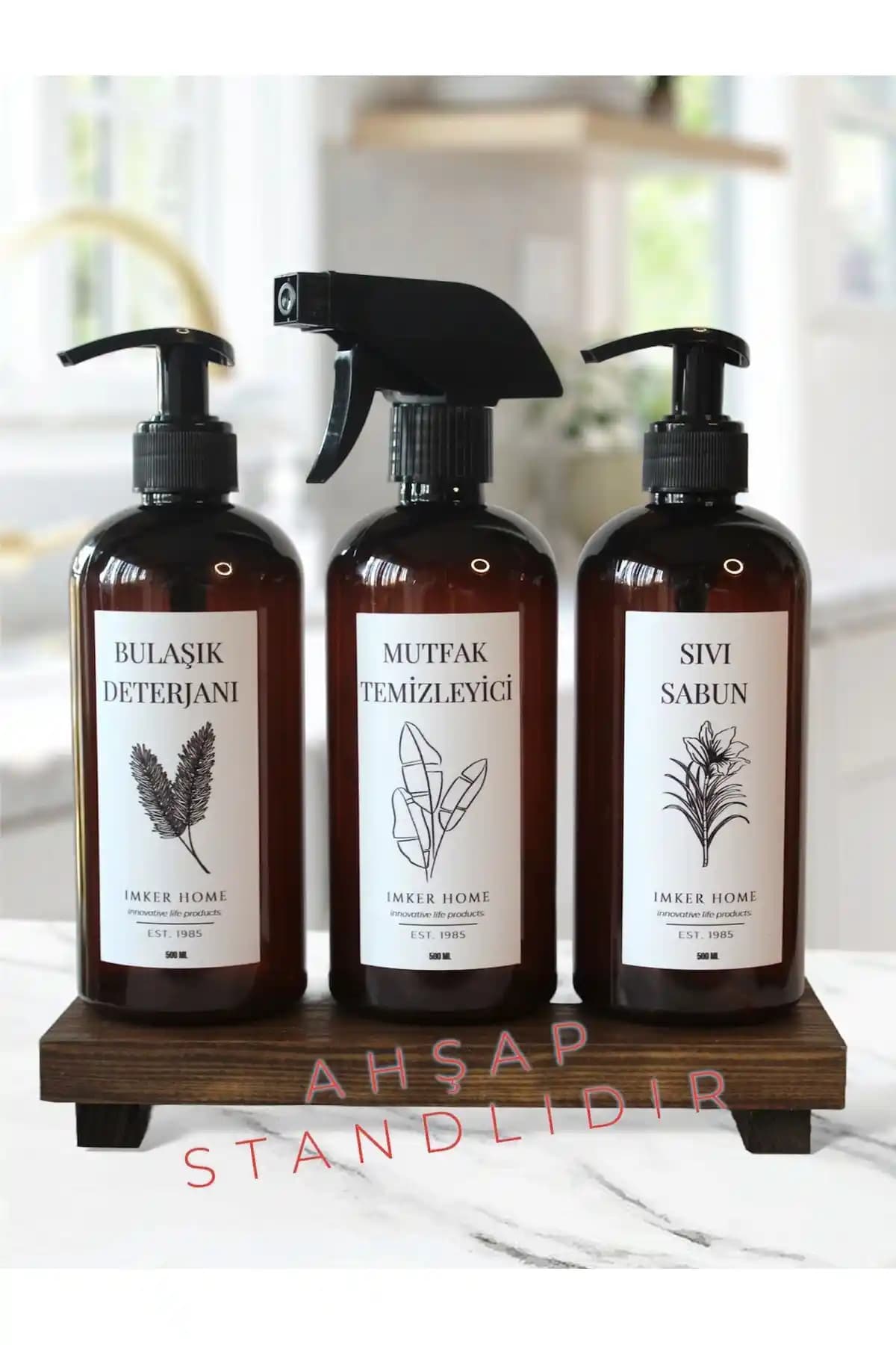 IMKER HOME Ahşap Stantlı Amber Renk Pompalı Bulaşık Deterjanı Şişesi Ürün Özellikleri ve Kullanım Avantajları