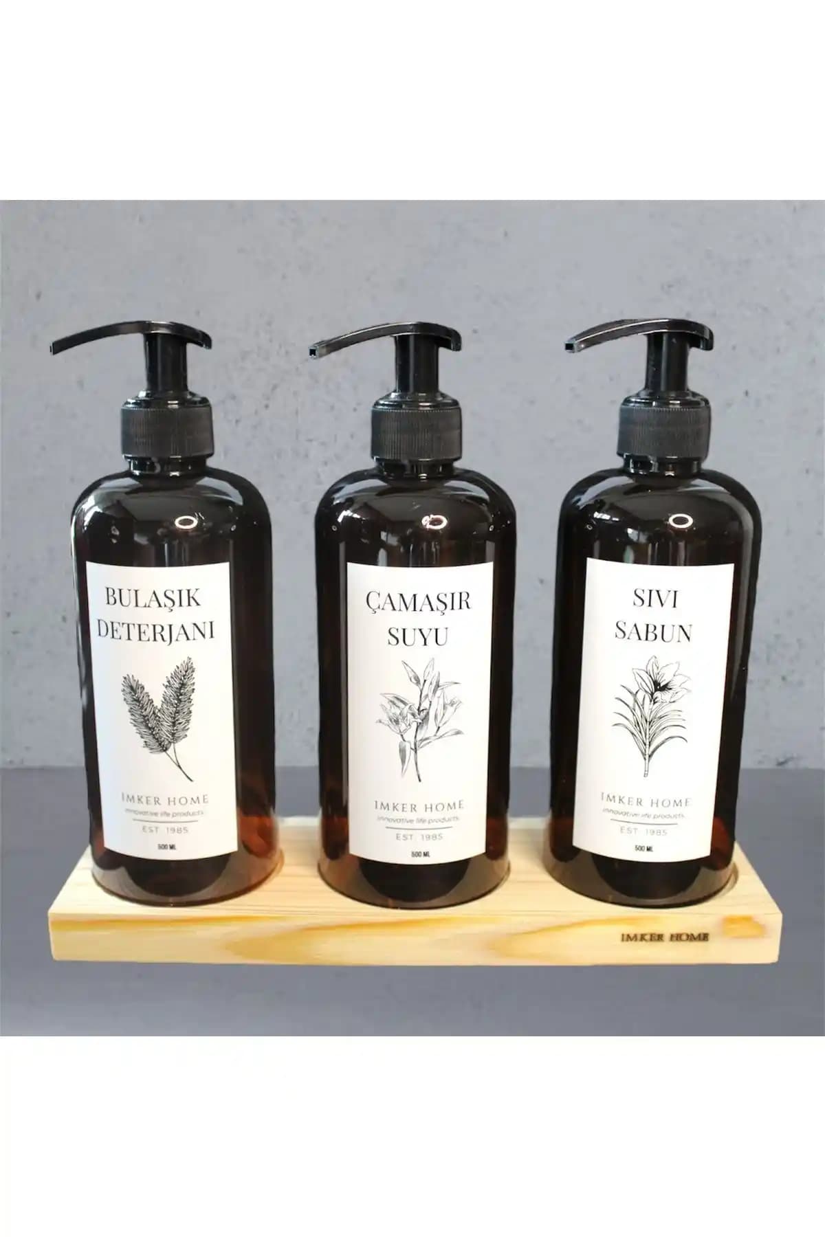 IMKER HOME Amber Serisi Üç Gözlü Ahşap Stantlı Bulaşık Deterjanı ve Sıvı Sabunluk Seti