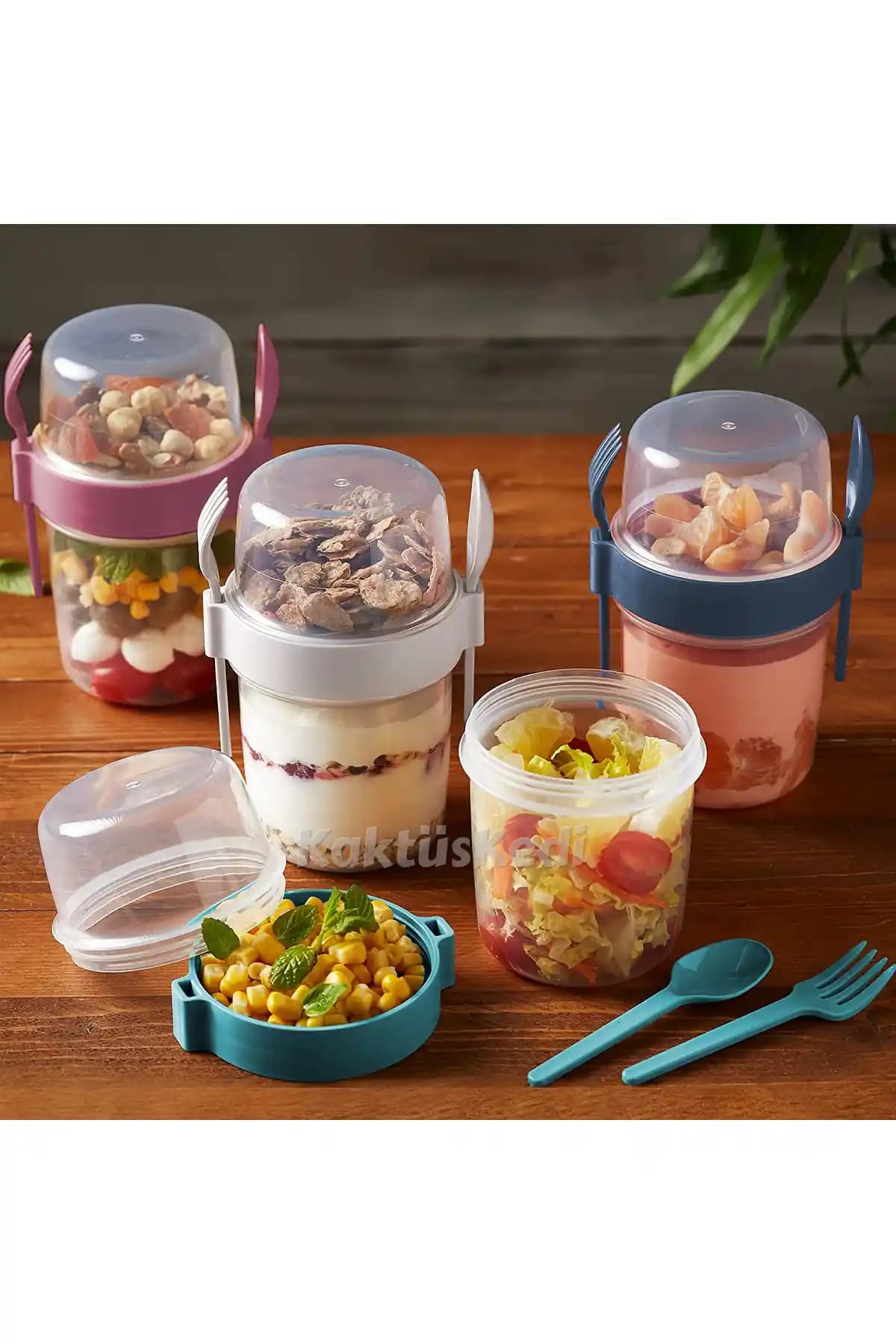 KaktüsKedi 4'lü Çift Bölmeli Saklama Kabı Pratik ve Şık Tasarım