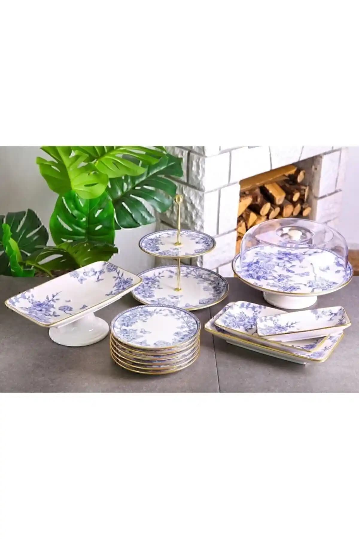 Laviss 13 Parça Beyaz Gold Mavi Desenli Pasta Servis Seti Modern ve Şık Tasarımıyla Öne Çıkar