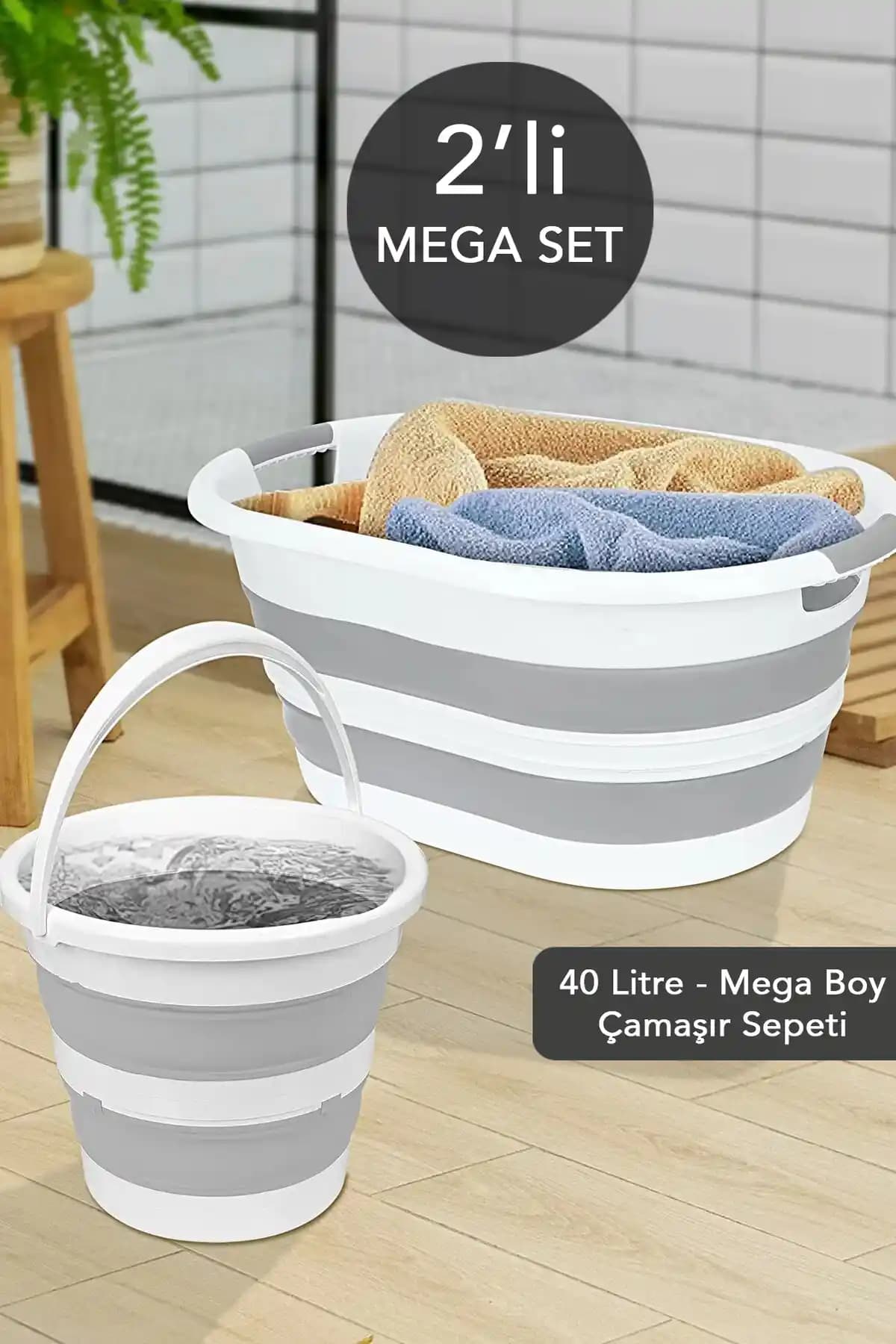 Meleni Home 2 Parça Katlanabilir Çamaşır Sepeti ve Su Kovası ile Ev ve Banyo Düzeninizi Kolaylaştırın