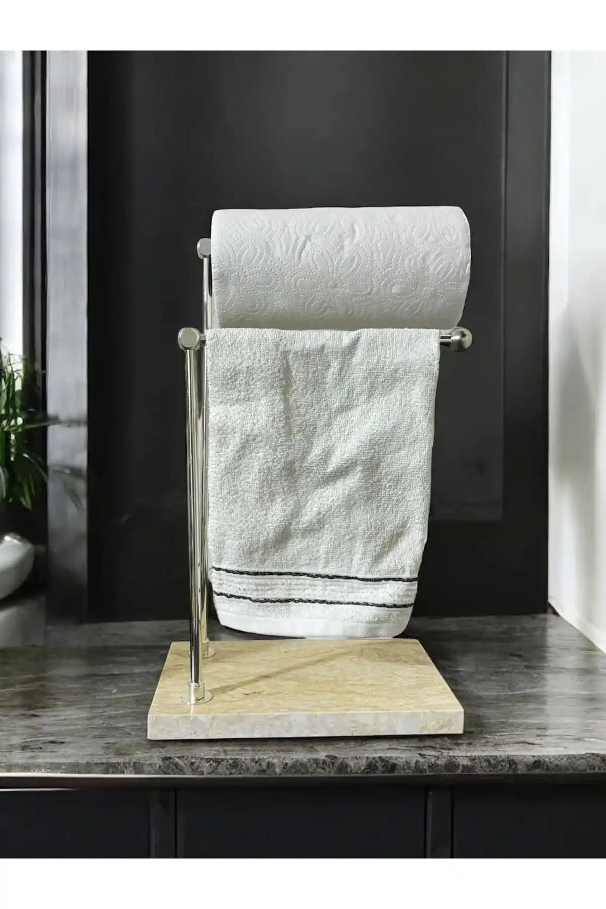 Mermer ve Metal Malzemeden Üretilmiş Modern Banyo Havluluk ve Kağıt Standı