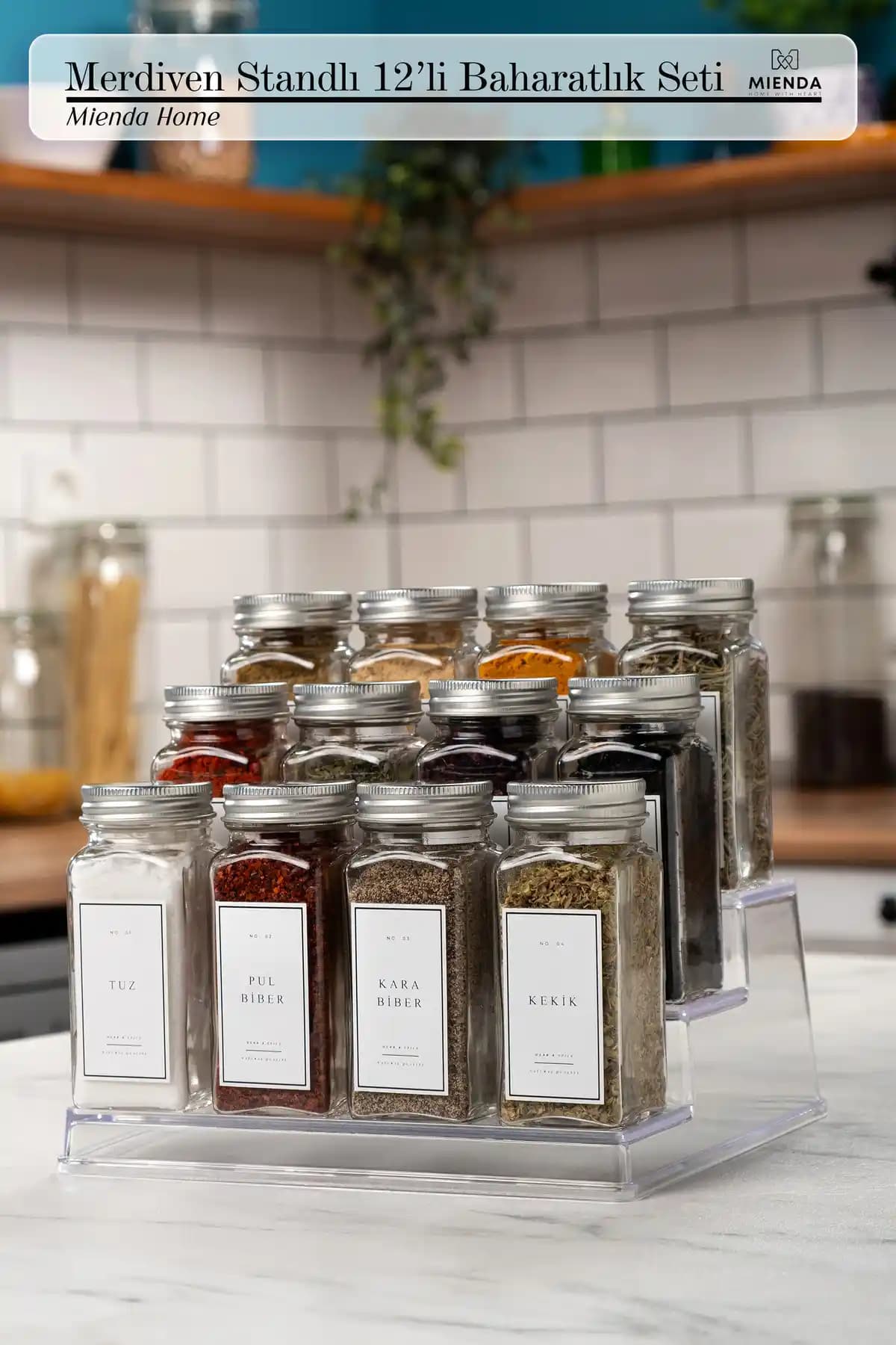 Mienda Home 12'li Şeffaf Cam Baharatlık Seti: Modern ve Şık Mutfak Dekorasyonu İçin Ideal