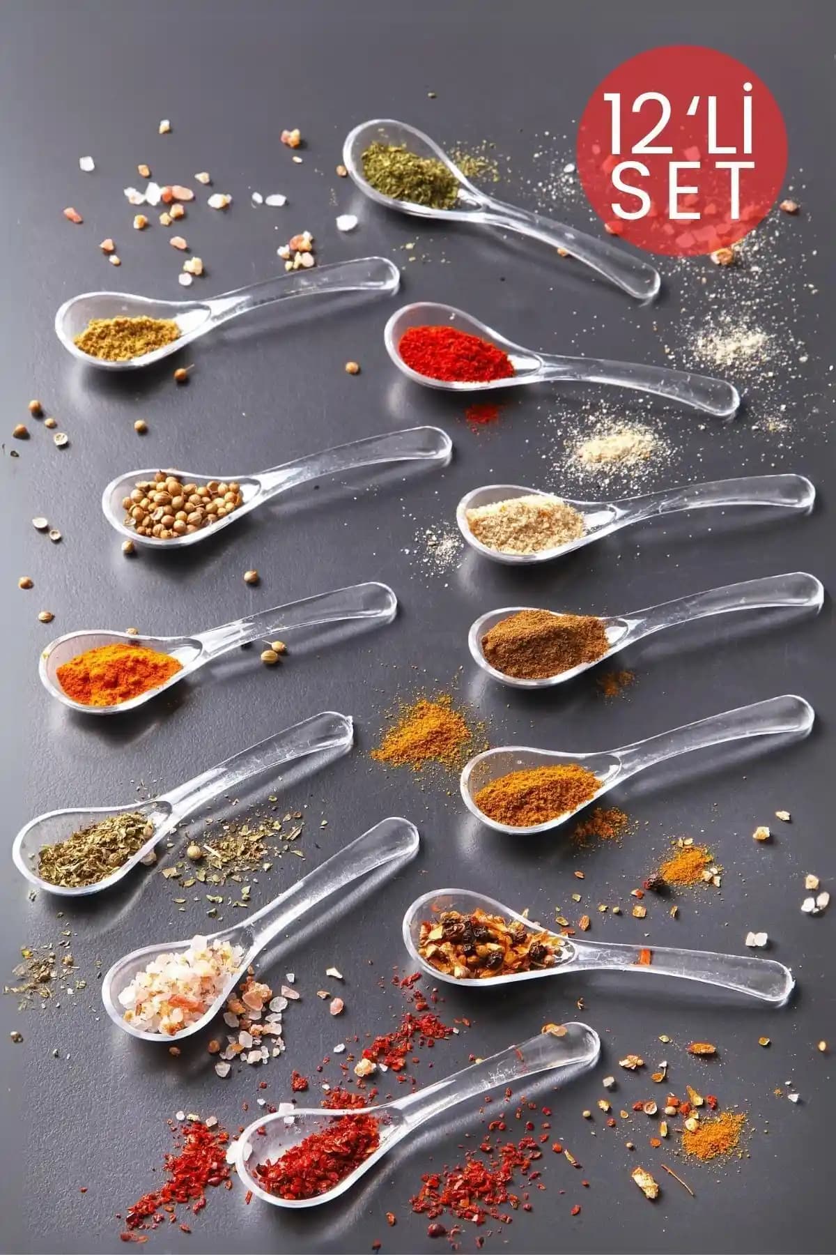 Nandy Home 12'li Şeffaf Baharatlık ve Servis Kaşığı Seti Modern Mutfak Gereçleri