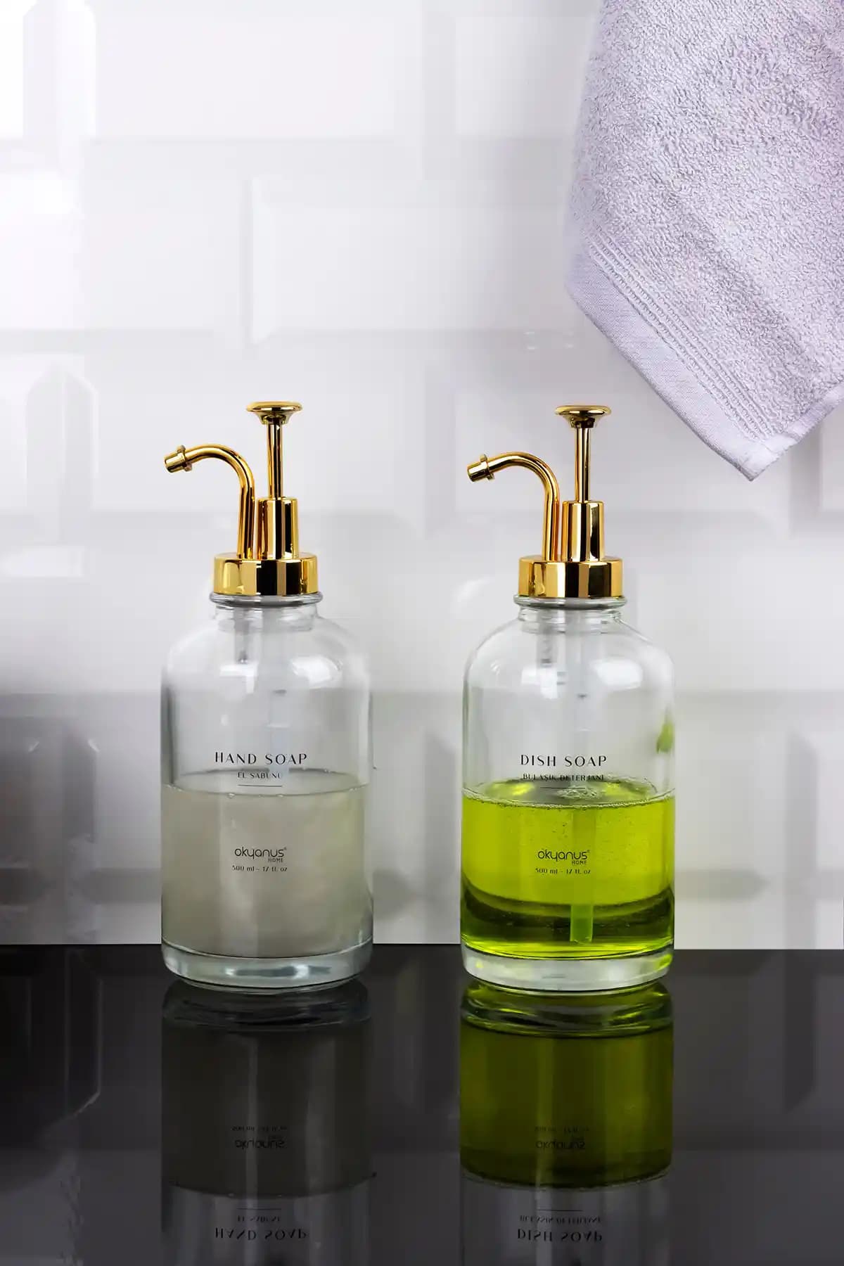 Okyanus Home Altın Pompalı İkili Cam Sıvı Sabunluk 500ml Modern ve Şık Tasarım