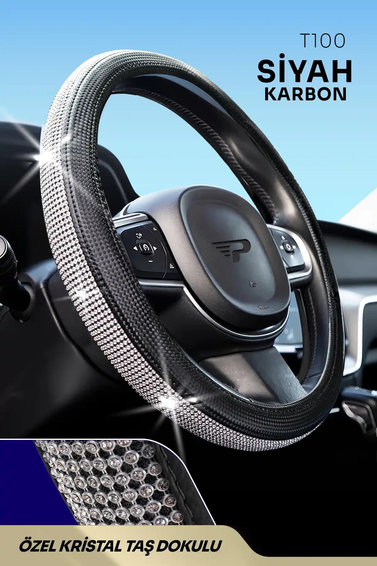 Panda Gümüş Taşlı Geçmeli Oto Direksiyon Kılıfı - Şık ve Dayanıklı Koruma Ürünü