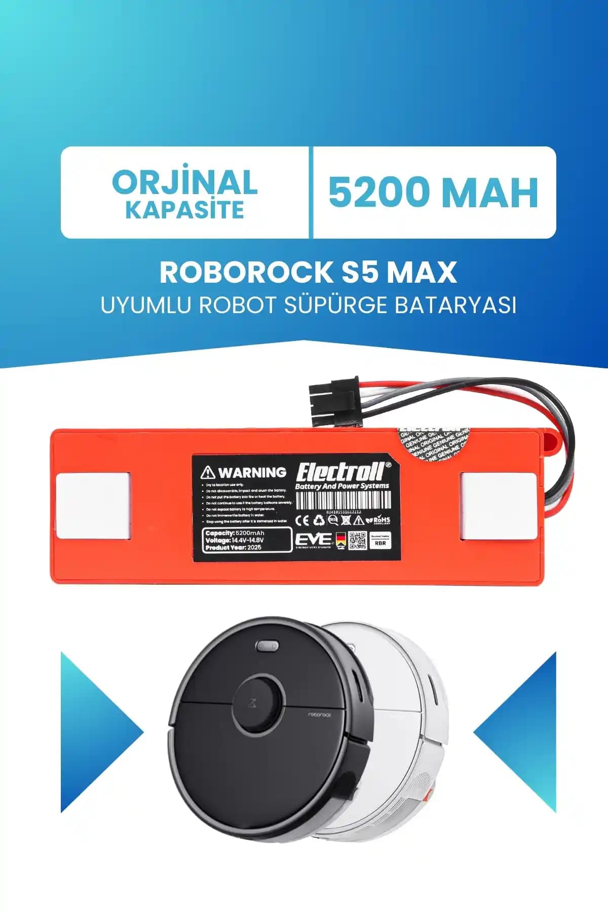 Roborock S5 Max Uyumlu ELECTROLL Batarya 5200mAh Güçlü ve Uzun Ömürlü Temizlik Parçası