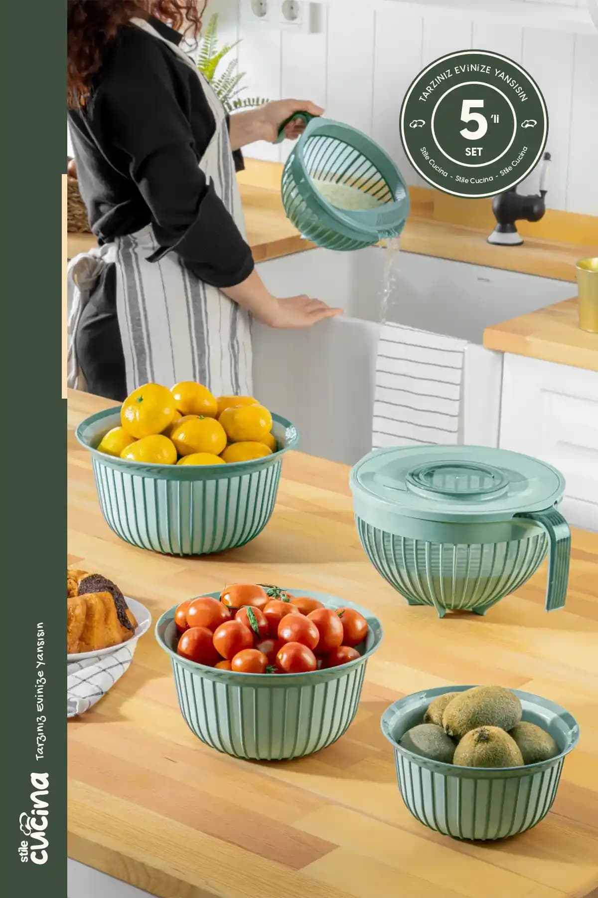 Stile Cucina 5 Parça Linea Çok Amaçlı Çeyiz Seti Yeşil Renkli Dayanıklı Mutfak Gereçleri