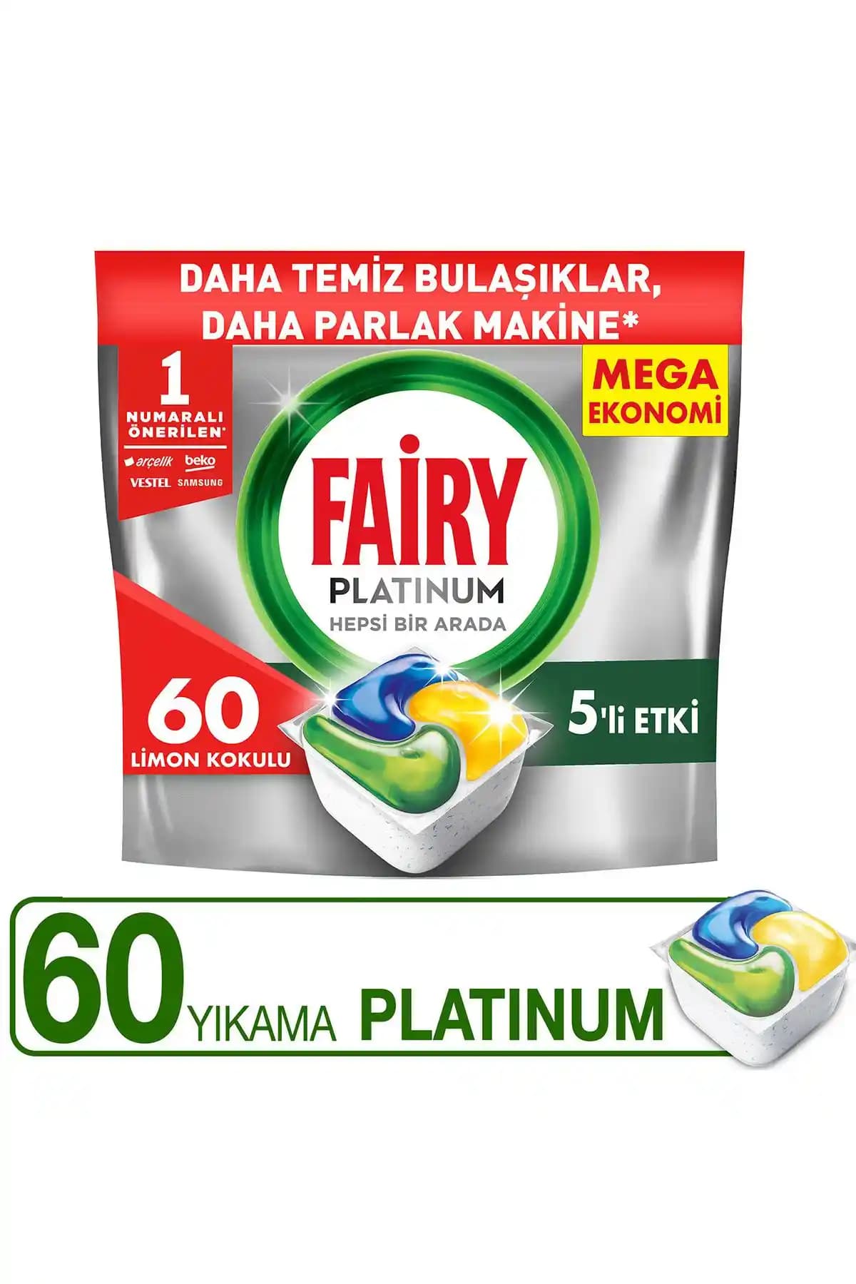 Fairy Platinum 60 Yıkama Kapasiteli Güçlü ve Pratik Bulaşık Makinesi Deterjanı Tableti