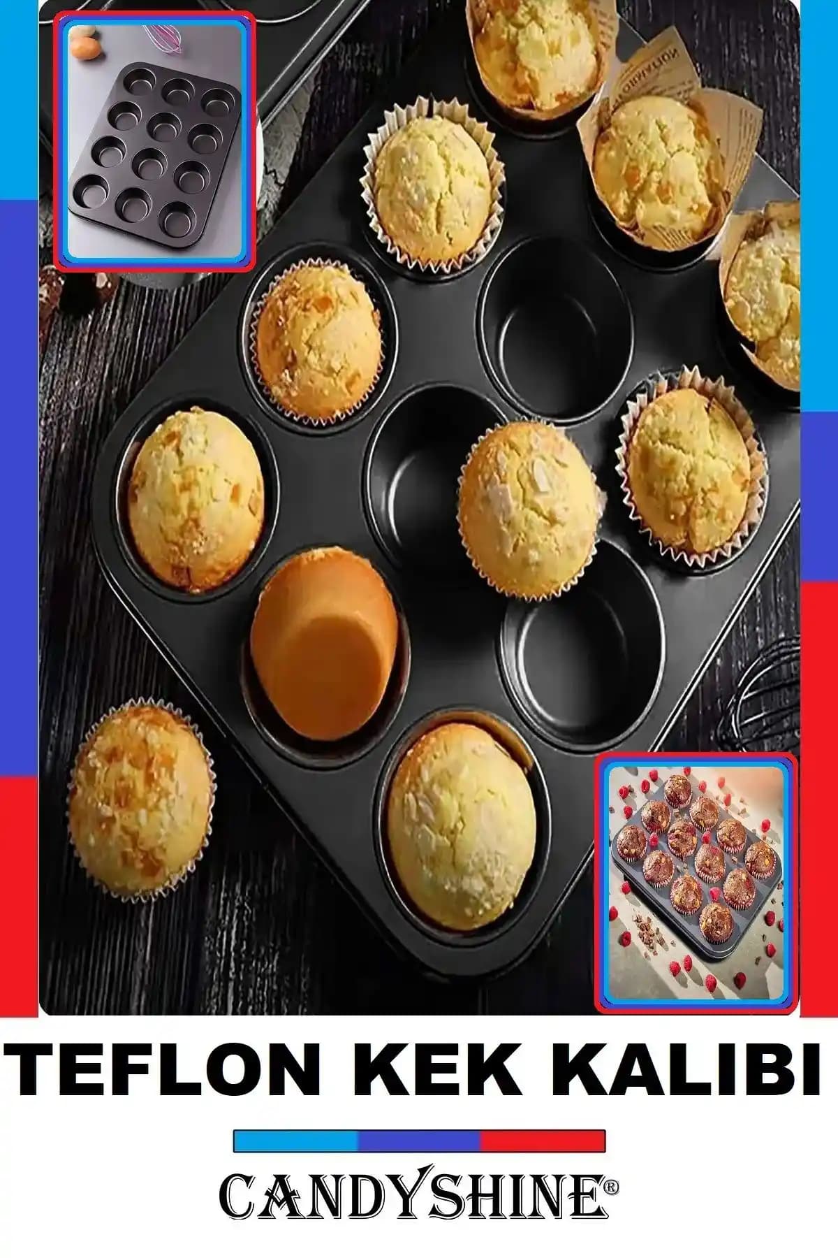 CandyShine 12'li Teflon Muffin Kek Fırın Tepsisi - Dayanıklı ve Pratik Mutfak Gereci