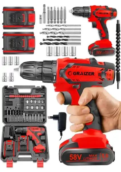 Graizer Alman 58 V 5 Ah Bakır Sargı Darbeli Çift Akülü Vidalama Metal Şanzıman