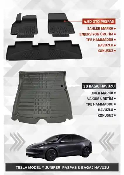Tesla Model Y Juniper 2025+ Uyumlu Sahler Premium Havuzlu Oto Paspas ve Bagaj Havuzu