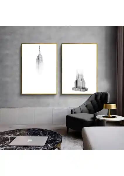 Harikabirev Beyaz Siyah Empıre Buil<dı>ng Kombini Çerçeveli Cam Tablo 2'li Modern Dekorasyon Parçası