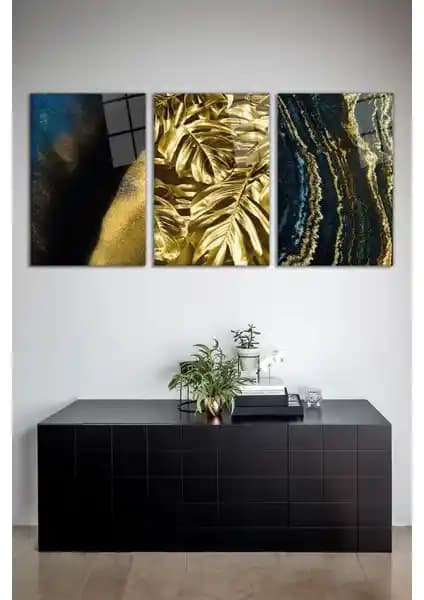 Vosevu Soyut Büyük Gold Yapraklı 3'lü Cam Tablo Seti Modern ve Dayanıklı Dekorasyon Ürünü