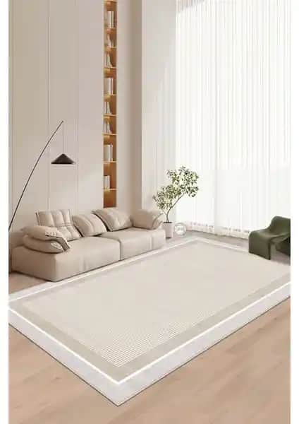 West Home Makinede Yıkanabilir Kaymaz Tabanlı Bej Çizgili Salon Halısı ve Yolluk