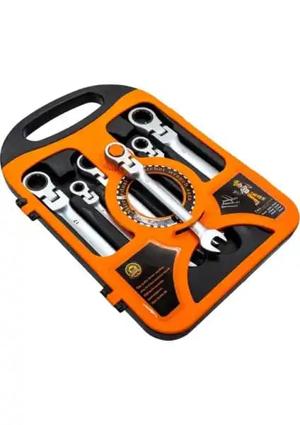 Chrome Vanadium Mafsallı Cırcır Anahtar Takımı, 7 Parça Cr-V Krom Kaplama ve Mat Yüzey