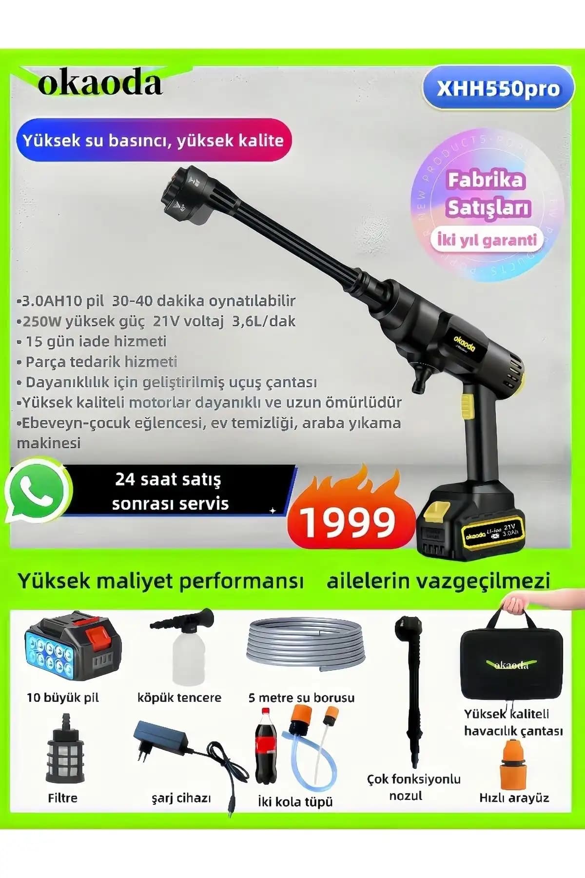 Okaoda Yüksek Basınçlı Akülü Yıkama Makinesi 360W Güç ve Çok Yönlü Kullanım