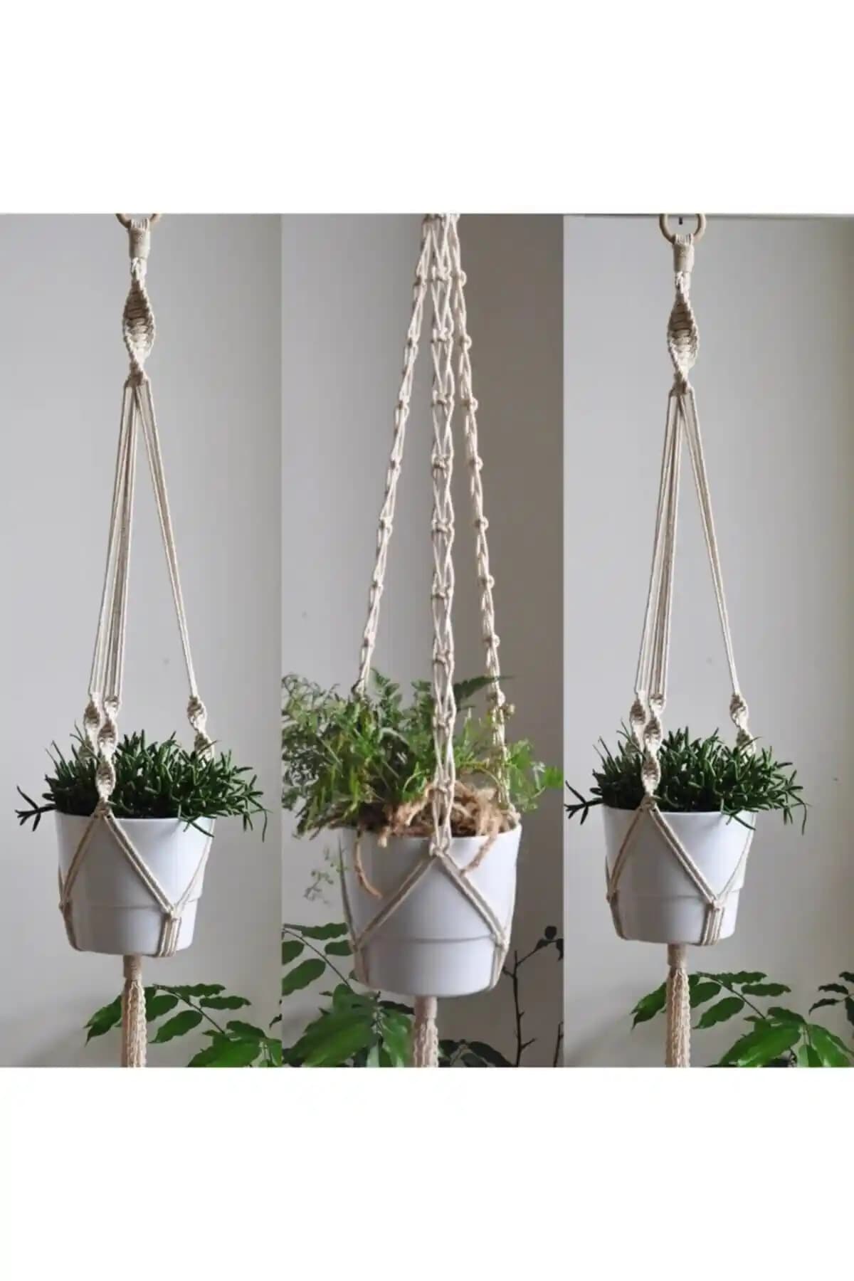 White Line Weed Makrome Saksılık 3'lü doğal ve şık dekoratif iç mekan ve dış mekan kullanımı