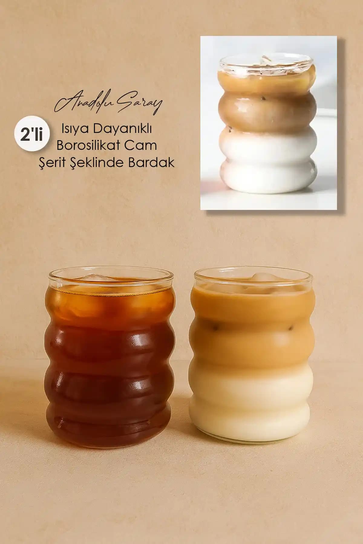 Anadolu Saray 2 Adet Isıya Dayanıklı Borosilikat Cam Şerit Bardaklar Modern ve Dayanıklı Tasarım