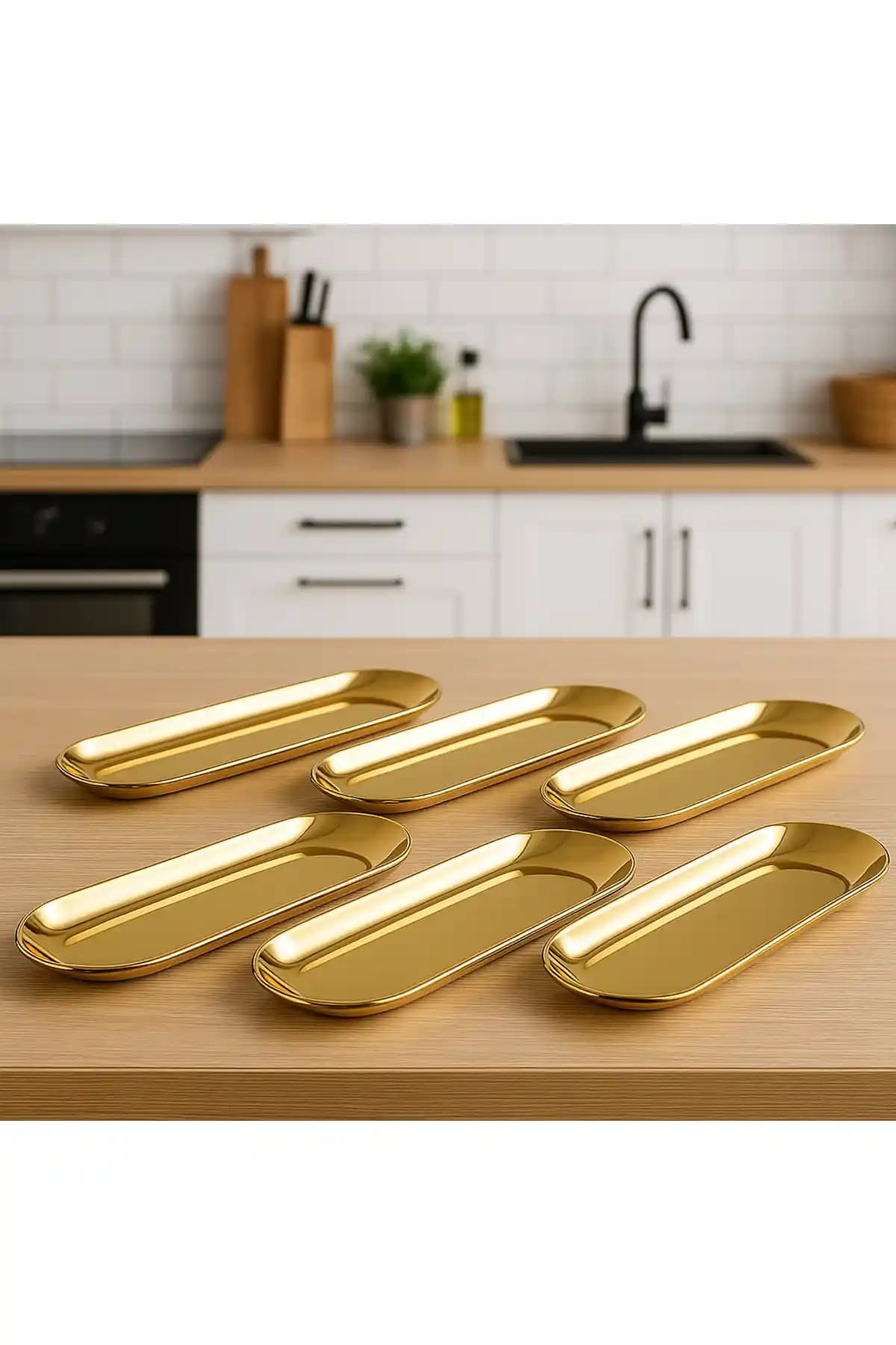 Aslı Hediyelik 6'lı Büyük Kayık Oval Gold Paslanmaz Çelik Tabaklar Şık ve Dayanıklı Mutfak Seti