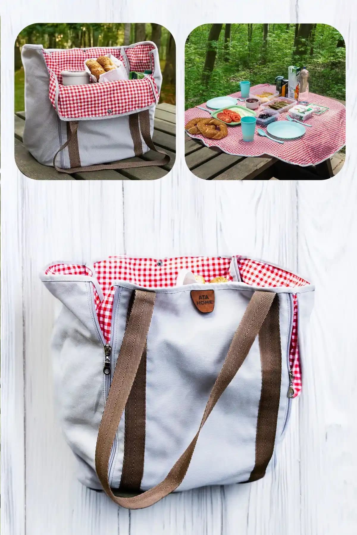 ATA HOME Çok Amaçlı Fermuarlı Piknik Sepeti ve Çanta Seti Gri 100 cm genişlikte dayanıklı ürün