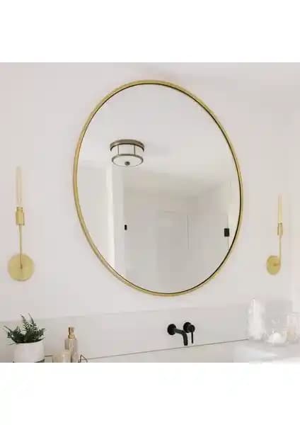 Effe Yapı Dekor Altın Renk Metal Çerçeveli 100 cm Yuvarlak Ayna Modern Dekorasyon İçin