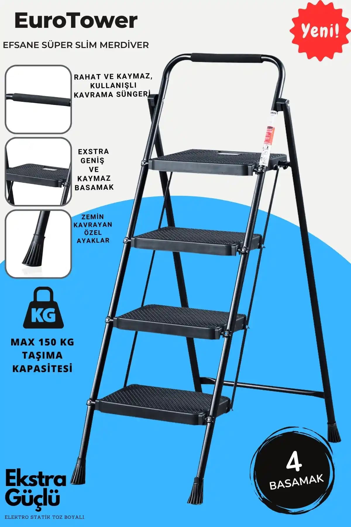 ERTEKPA 4 Basamak Siyah Metal Merdiven: Güvenli ve Estetik Ev Yardımcısı