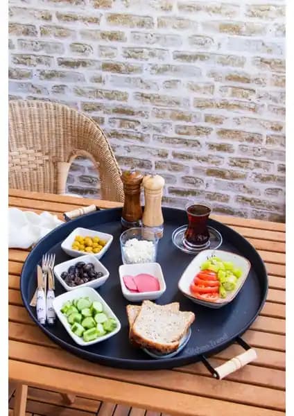 Galvaniz 51 cm Siyah Ahşap Kulplu Yuvarlak Tepsi: Modern ve Şık Mutfak Aksesuarı