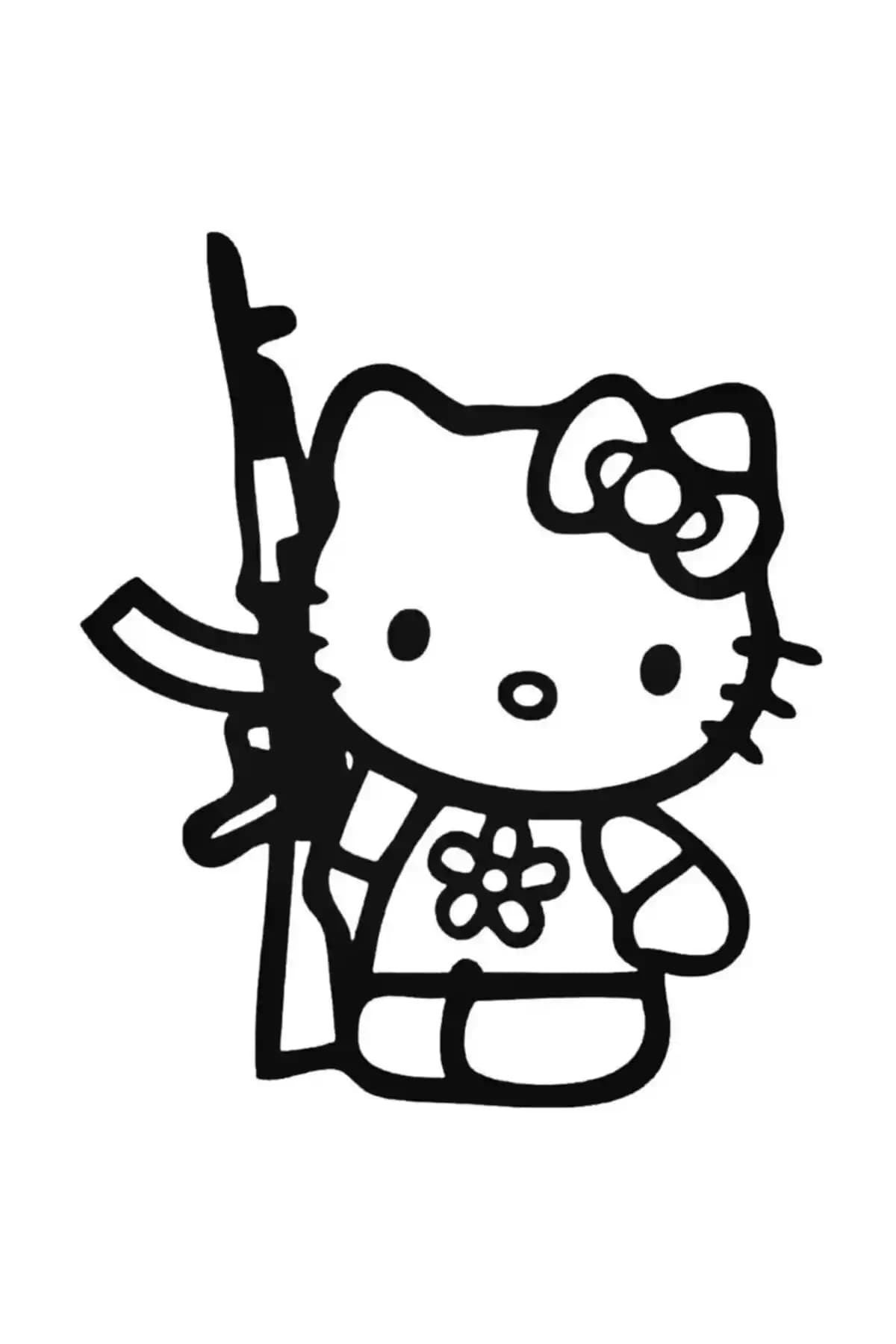 Hello Kitty With Gun Araba ve Duvar Dekoratif Çıkartma Sticker 20 cm Yüksek Kalite ve Kolay Uygulama