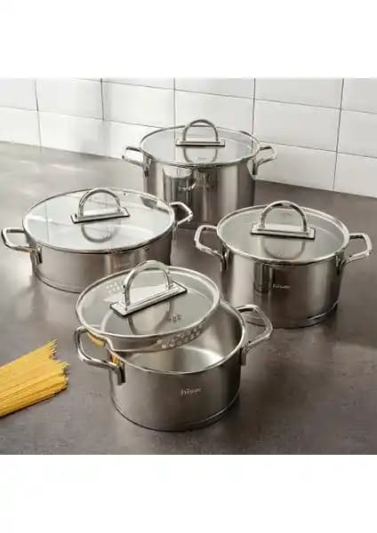 Hisar Luna 8 Parça Süzgeçli Çelik Tencere Seti - Dayanıklı ve Çok Yönlü Mutfak Gereçleri