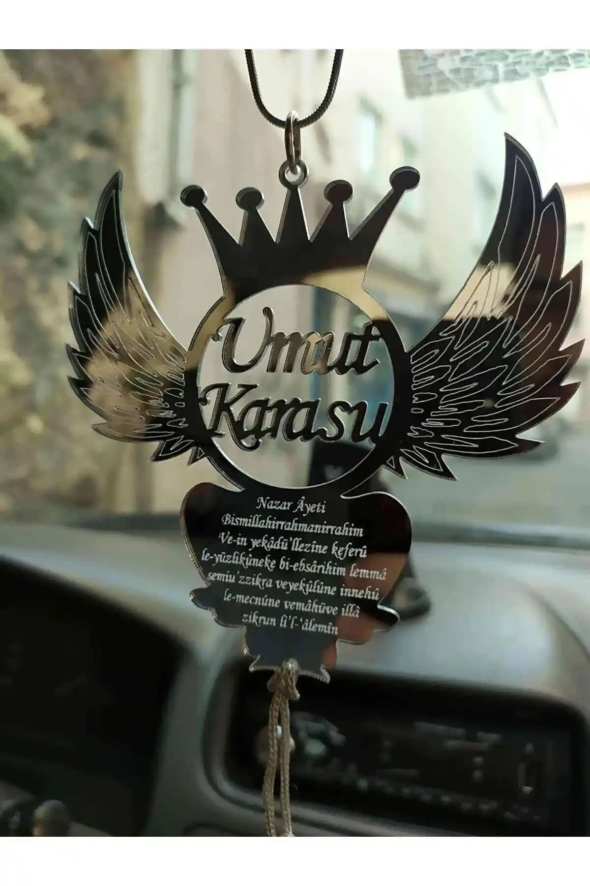 Kişiye ve İsme Özel Nazar Dualı Melek Kanatlı Pleksi Araç Dikiz Aynası Süsü