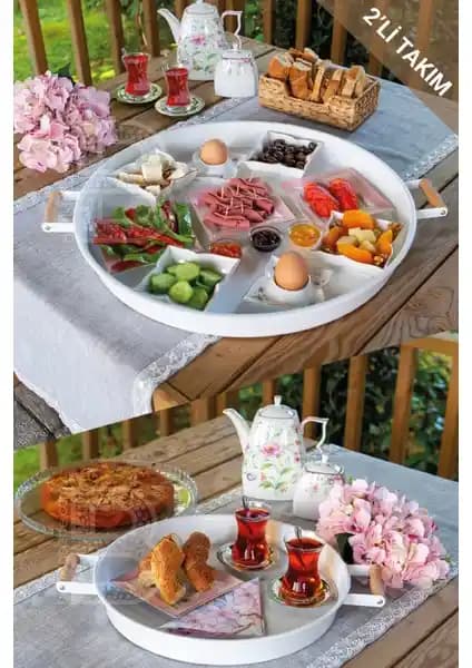 Kitchen Trend 2'li Ahşap Kulplu Metal ve Beyaz Tepsi Seti ile Şıklık ve Fonksiyonellik