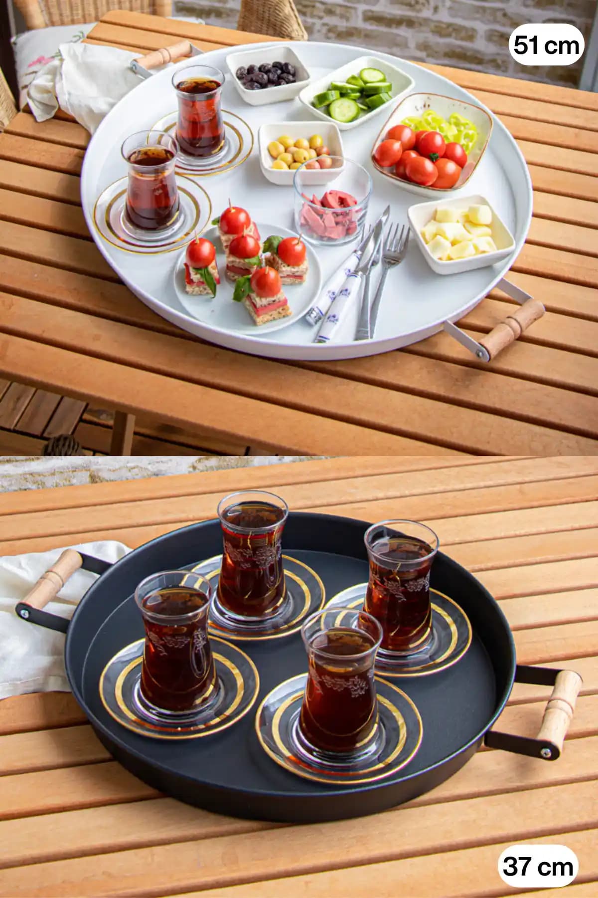 Kitchen Trend 51 cm Beyaz ve Siyah Metal Yuvarlak Sunum Tepsisi Seti