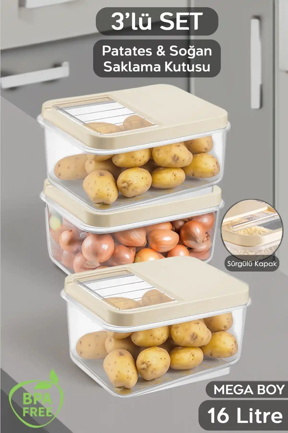 Meleni Home 3'lü 16 Litre Sürgülü Kapak Sebzelik Seti Mutfak Düzeni ve Taze Saklama Çözümü