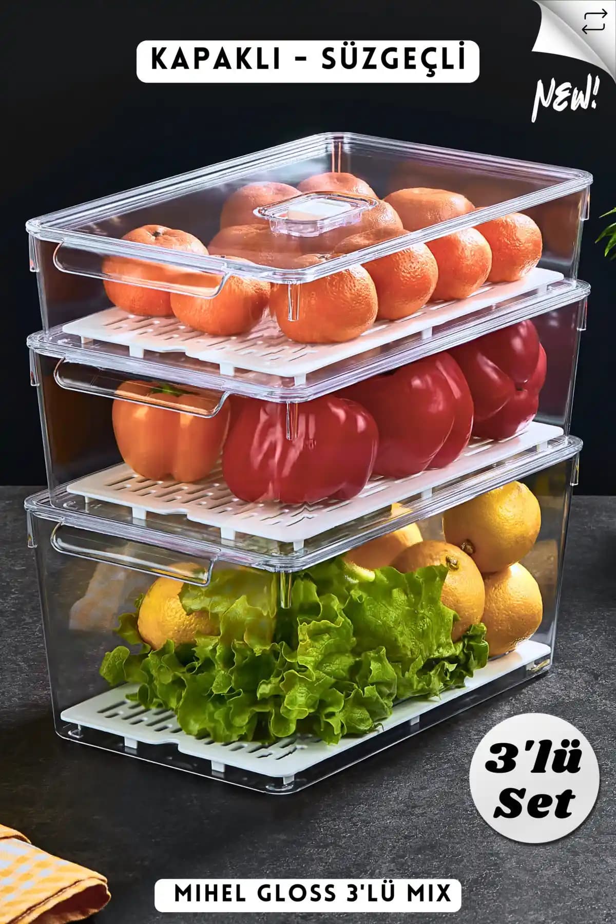MİHEL Gloss Mix 3'lü Süzgeçli Kapaklı Buzdolabı Düzenleyici ile Mutfak Organizasyonunu Geliştirin
