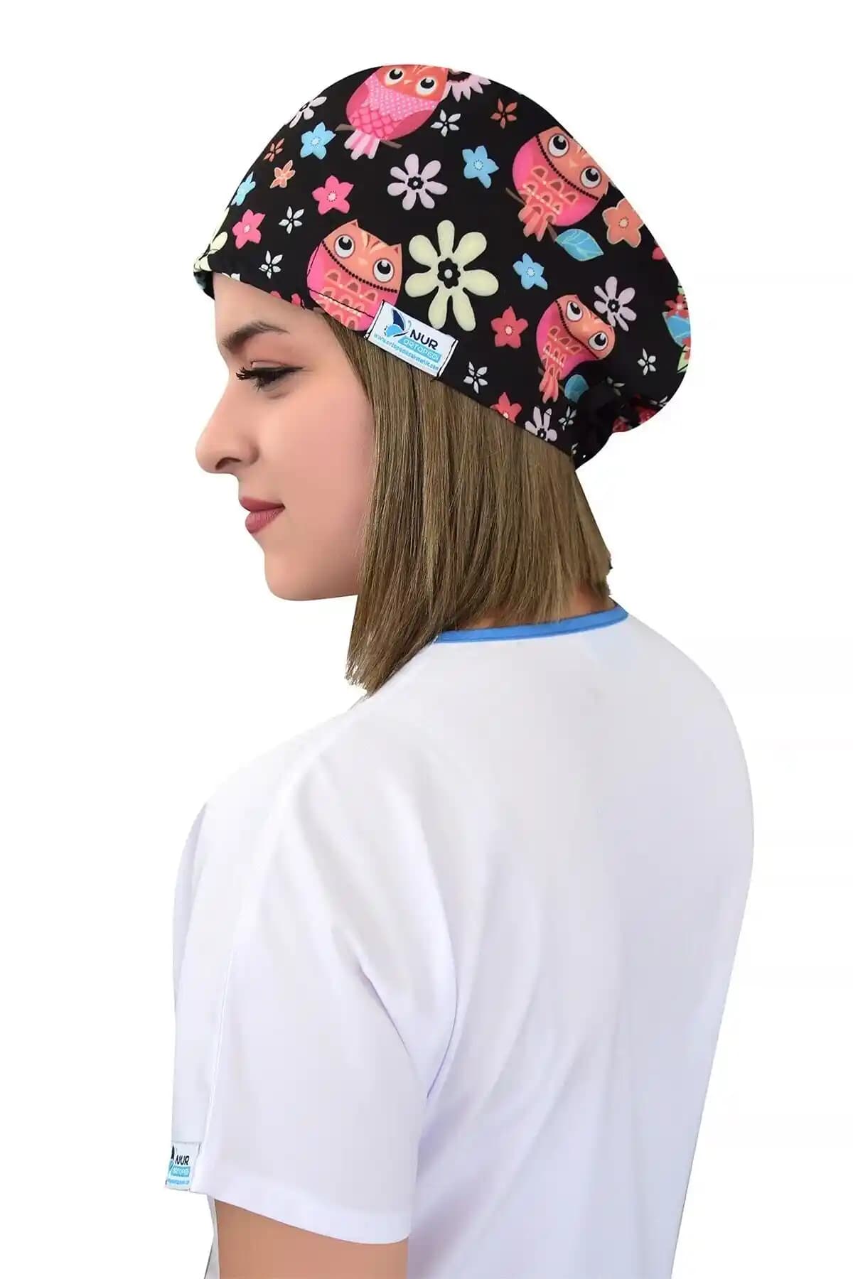 Nur Medikal Giyim Unisex Çiçekli Baykuş Desenli Cerrahi Bone Sağlık Profesyonelleri İçin