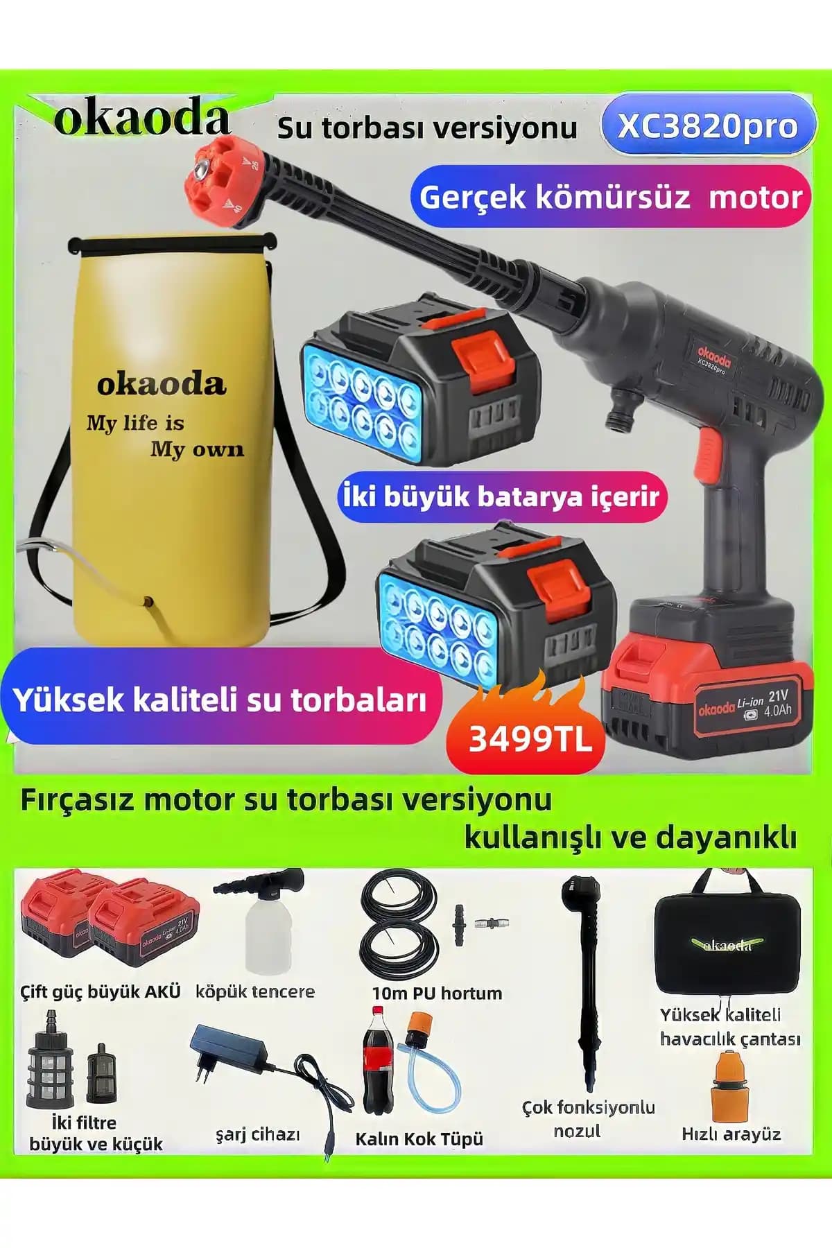 Okaoda 60 Bar Kömürsüz Su Torbasıyla Çok Amaçlı Yüksek Basınçlı Temizlik Cihazı