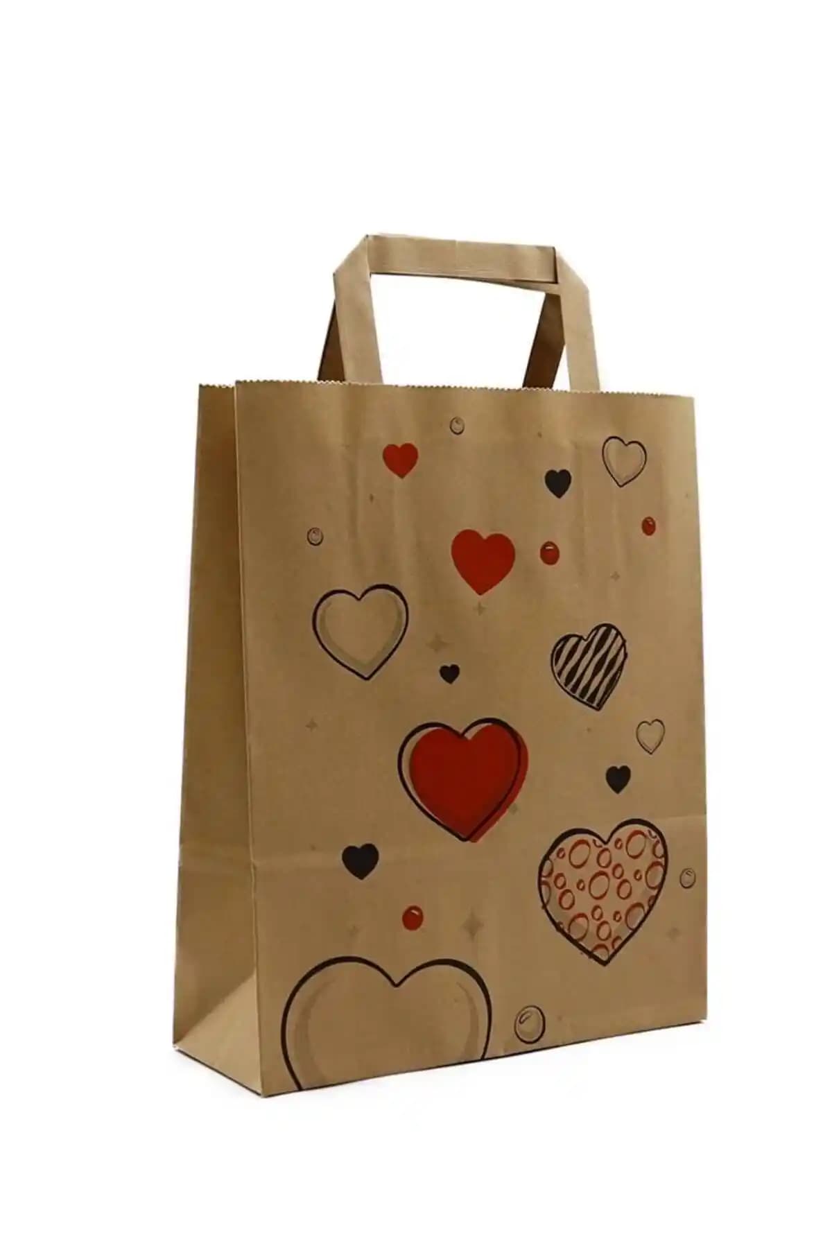 Packanya 22x10x32 Düz Saplı Kraft Kalpli Çanta 25 Adet Çok Renkli ve Dayanıklı Tasarım