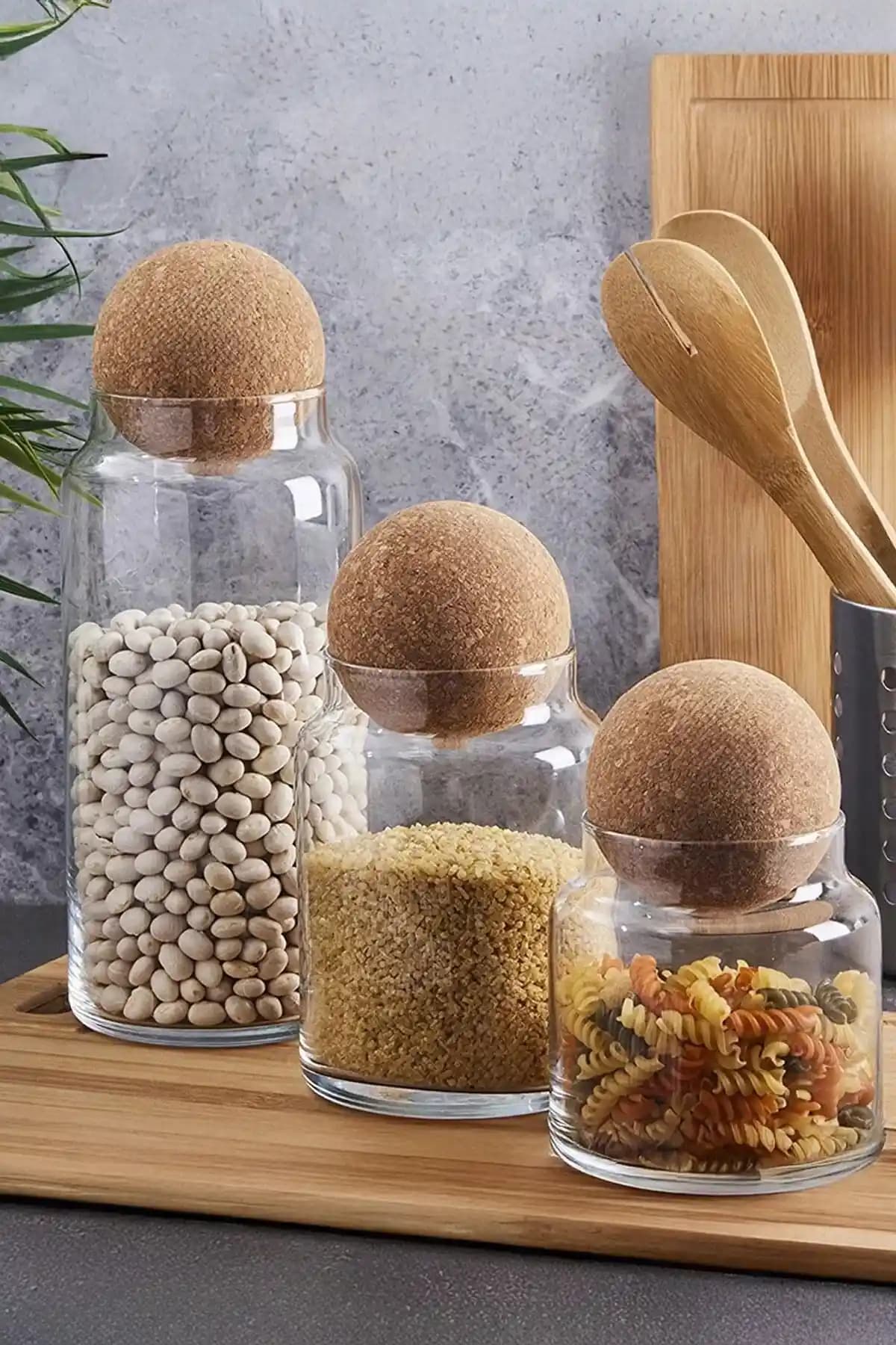 Perotti Peortti Sughero 3'lü Top Mantar Kapaklı Cam Kavanoz ve Baharatlık Seti