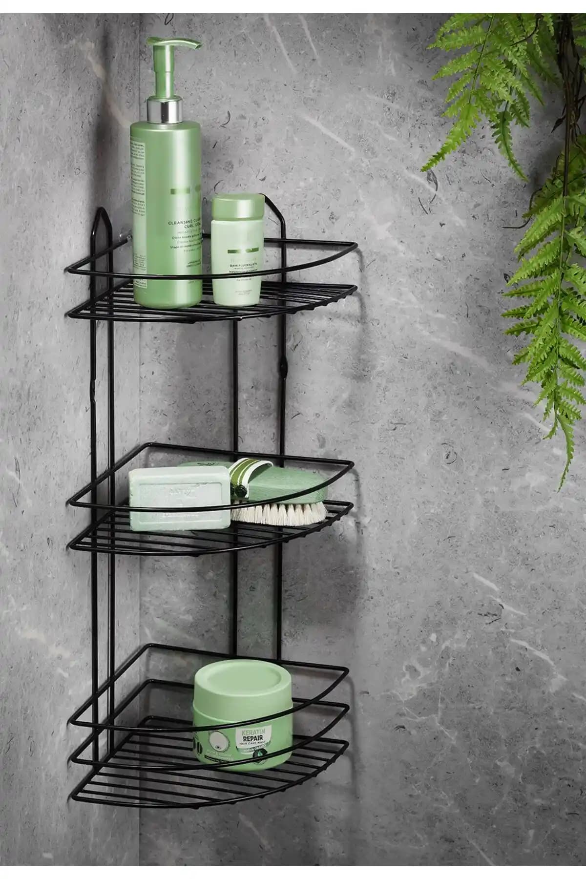 SasHaus Siyah 3 Katlı Banyo Köşeliği Paslanmaz Metal ve Yapışkanlı Montaj Seçenekleri