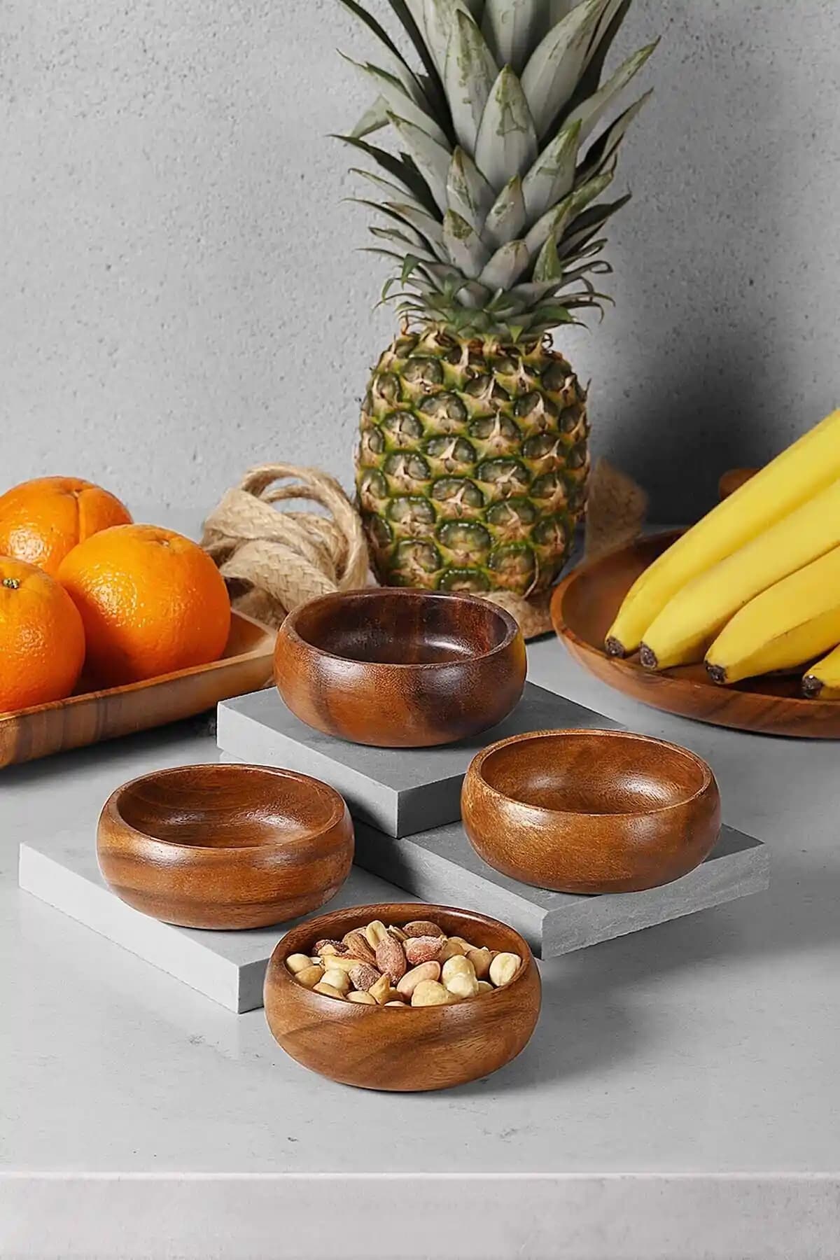 SepetçiBaba 4'lü Yuvarlak Akasya Çerezlik Seti Doğal Malzeme ve Şık Tasarım