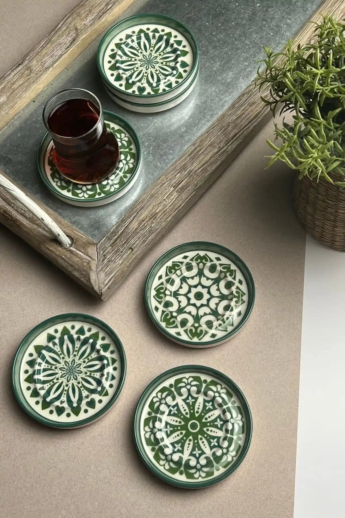 Stoneware Mozaik Yeşil Çay Tabağı Seti Estetik ve Dayanıklı Mutfak Aksesuarları