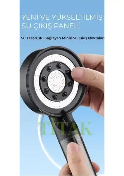 Titak Siyah Krom Detaylı Filtreli 5 Fonksiyonlu Duş Başlığı ile Modern ve Ekonomik Banyo Deneyimi