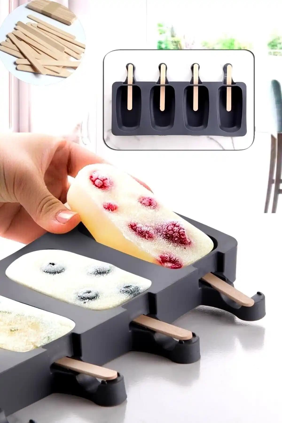 TRUSTMODA Pratik 4'lü Antrasit Renk Dondurma Kalıbı ile Evde Lezzetli Dondurmalar Yapın