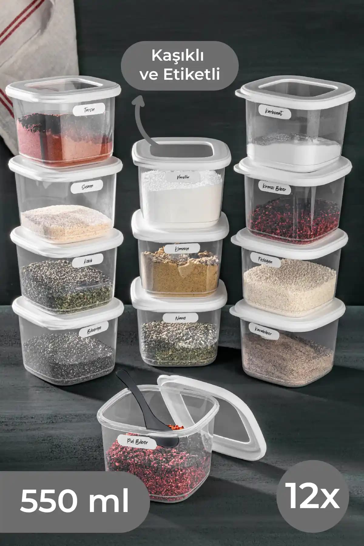 Vienev 12'li Küçük Boy Etiketli ve Kaşıklı Foly Kare Gıda Saklama Kabı Seti Beyaz