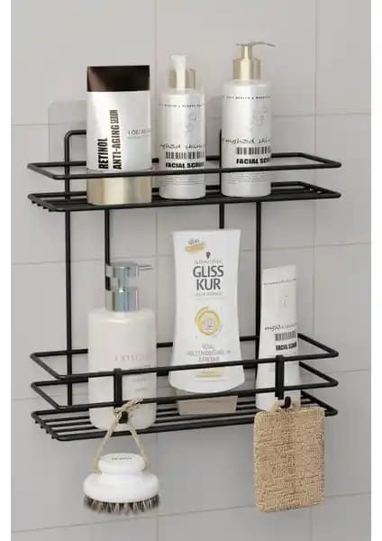Zabata Yapışkanlı 2 Katlı Banyo Rafı Modern ve Pratik Duş Organizasyonu Çözümü